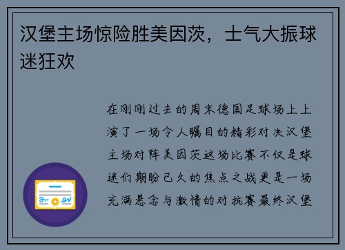 汉堡主场惊险胜美因茨，士气大振球迷狂欢