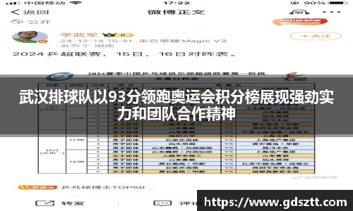 武汉排球队以93分领跑奥运会积分榜展现强劲实力和团队合作精神